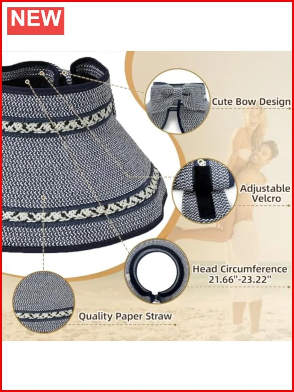 Wide Brim Straw Sun Visor Ponytail Hat UPF 50+ Foldable